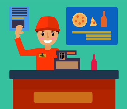 Supermarket store counter desk equipment and cashier clerk in uniform Flat design, vector illustration