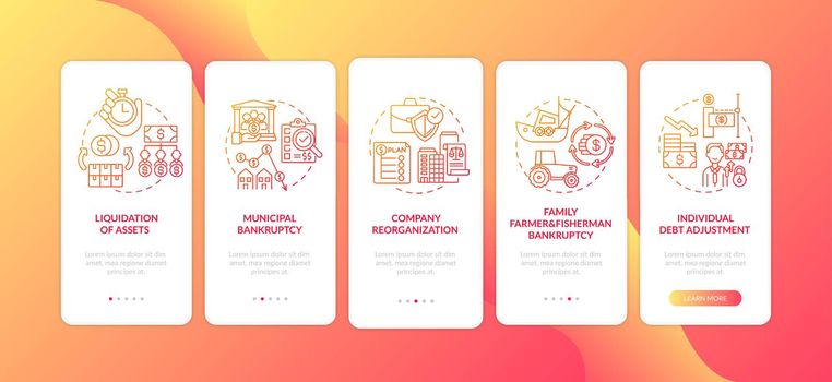 Business bankruptcy red onboarding mobile app page screen with concepts