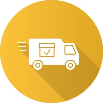 Delivery van with checkmark flat design long shadow glyph icon