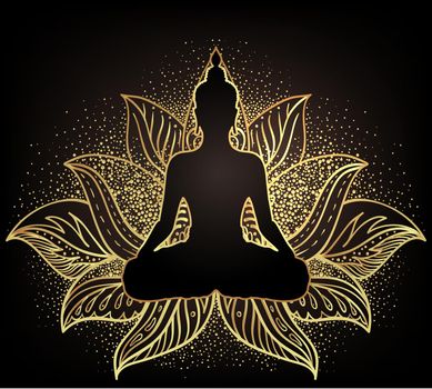Chakra concept. Inner love, light and peace. Buddha silhouette in lotus position over ornate mandala. Vector illustration in gold isolated. Buddhism esoteric motifs.