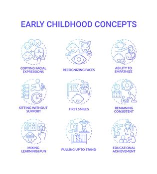 Early childhood development blue gradient concept icons set
