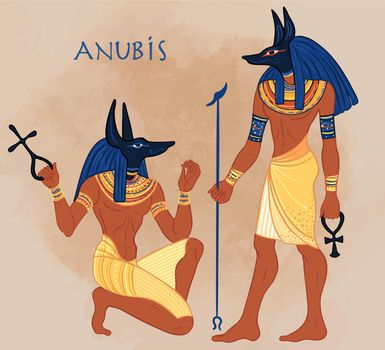 Anubis. in Ancient Egyptian, god of death, mummification, embalming, the afterlife, cemeteries, tombs, and the Underworld. Vector isolated illustration. A man with the head of a jackal or wolf.