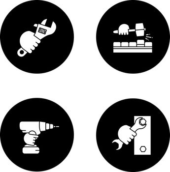 Hands holding construction tools glyph icons set