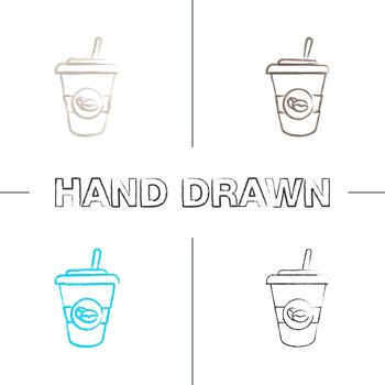 Iced coffee drink hand drawn icons set
