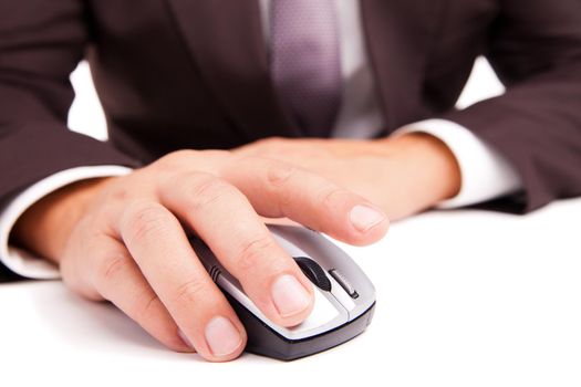 Computer mouse in hand businessman on white