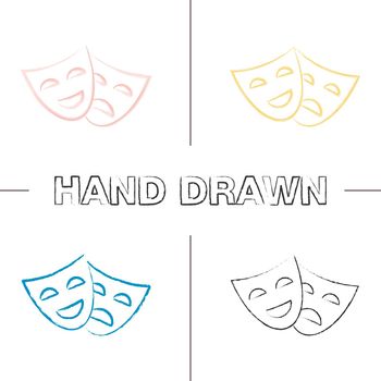 Comedy and tragedy masks hand drawn icons set