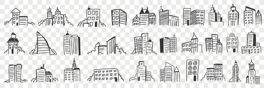 Silhouettes of city skyscrapers doodle set
