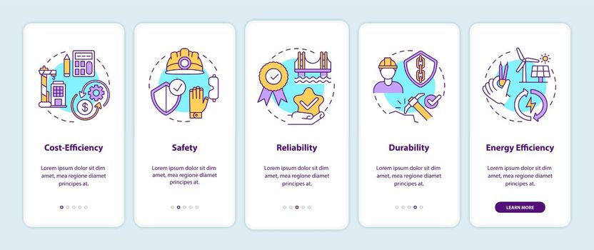 Safety in civil engineering onboarding mobile app page screen with concepts