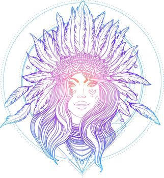 Tribal Fusion Boho Diva. Black and white illustration of Native American Indian girl in traditional feather headdress bonnet. Adult anti-stress coloring book page. 