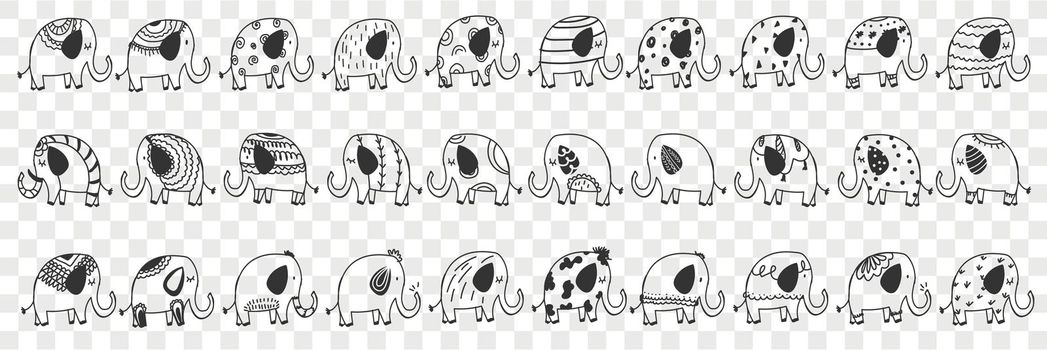 Various elephants animals doodle set. Collection of hand drawn cute funny positive elephants mammals wild animals of different patterns for children books isolated on transparent background