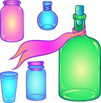 Glass Bottles. Vector illustration set. Kitchen objects doodle style sketch, Color drawing isolated.