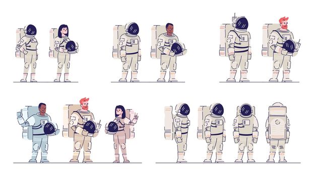 Cosmonauts in space suits flat vector illustrations set. Multiracial male and female astronauts standing and holding helmets isolated cartoon characters. Crew members of spacecraft. Aerospace industry