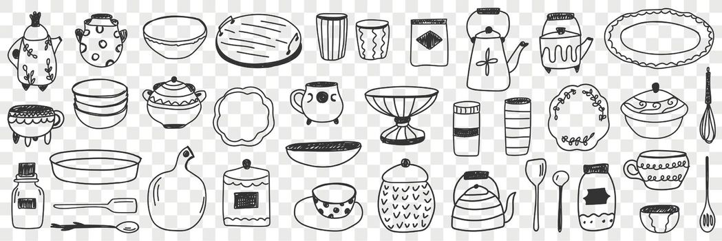 Tableware on kitchen doodle set