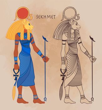 Sekhmet, the goddess of the sun, fire plagues, healing and war In Egyptian mythology. Vector isolated illustration. A woman with the head of a lion and the sun disk.