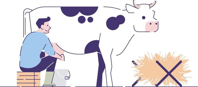 Farmer milking cow flat vector character. Livestock, cattle agriculture and animal husbandry. Dairy farm cartoon concept with outline. Rural man working in cowshed isolated illustration on white