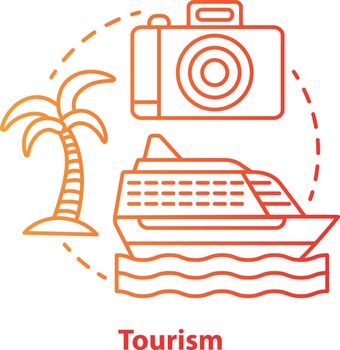 Tourism red concept icon. Hospitality industry idea thin line illustration. Journey, travel. Touristic agency service. Trip advisor. Summer holidays. Vector isolated outline drawing. Editable stroke