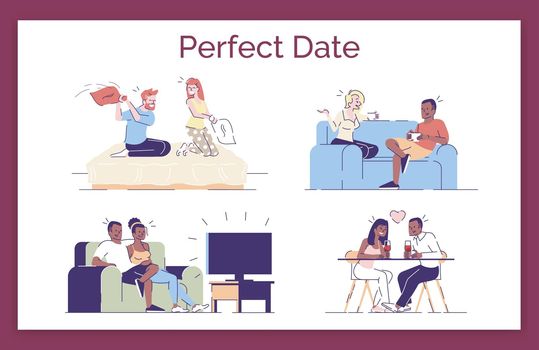 Perfect date flat vector concept illustration. Romantic couple enjoying relax, leisure time together. Boyfriend, girlfriend, lovers pastime isolated cartoon design elements set on white background