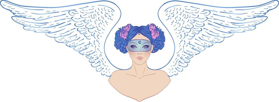 Magic night fairy. Hand drawn portrait of a beautiful  shaman woman with angel wings. Alchemy, religion, spirituality, occultism Isolated vector illustration.