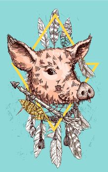 Hand drawn vector illustration pig sketch. Symbol of new year 2019
