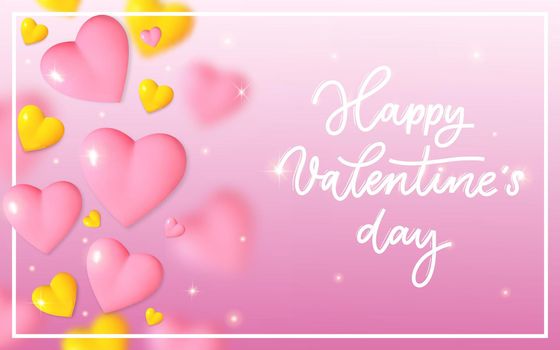 Valentines Day background with 3d pink and yellow hearts and text. Holiday card illustration on pink background