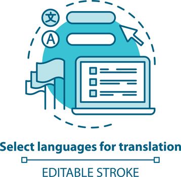 Select languages for translation blue concept icon. Translator software idea thin line illustration. Learning foreign language. Online dictionary app. Vector isolated outline drawing. Editable stroke