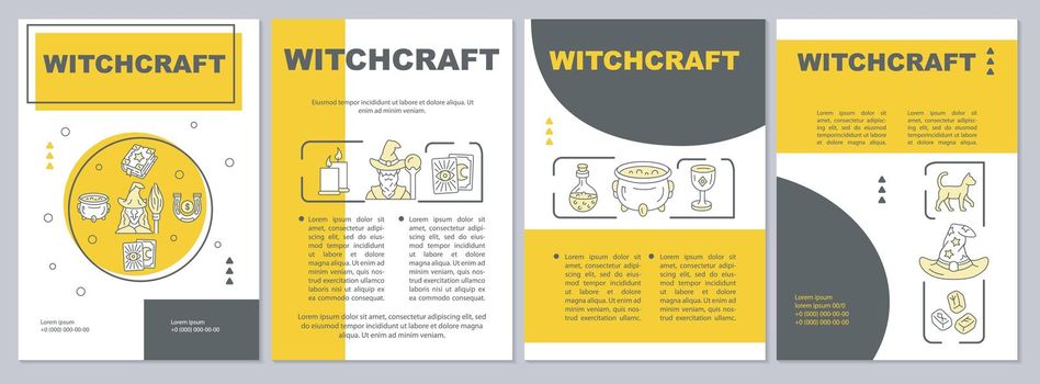 Witchcraft brochure template layout. Alchemy and occultism yellow flyer, booklet, leaflet print design with linear illustrations. Vector page layouts for magazines, annual reports, advertising posters