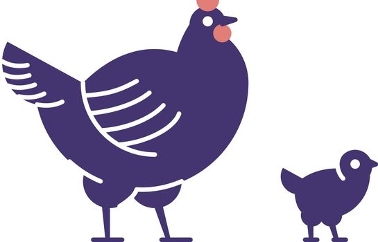 Chicken with chick flat vector illustration. Domestic bird breeding concept. Dark blue hen isolated design element with outline. Poultry farming, hennery symbol on white background