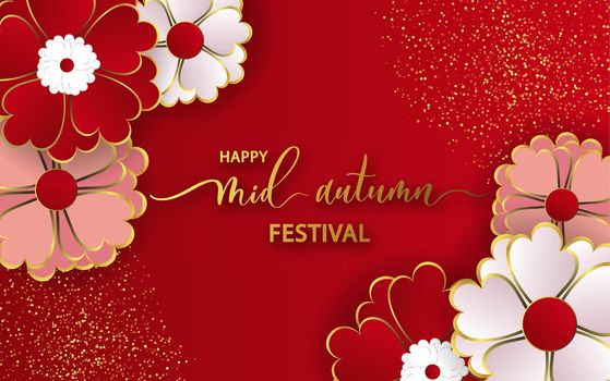 Mid Autumn Festival with paper cut and craft style on red background.
