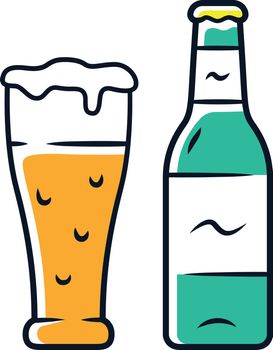 Beer color icon. Uncorked bottle and glass of beverage. Bottled and draft lager. Alcoholic drink. Brewing. Pint of ale. Booze for party. Isolated vector illustration