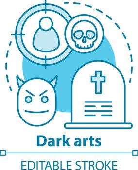 Dark arts concept icon. Occultism and witchcraft idea thin line illustration. Black magic, evil spell. Gravestone, devil and target with skull vector isolated outline drawing. Editable stroke