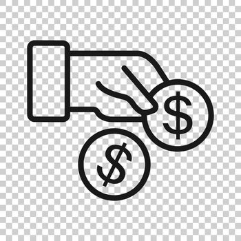 Remuneration icon in flat style. Money in hand vector illustration on white isolated background. Coin payroll business concept.