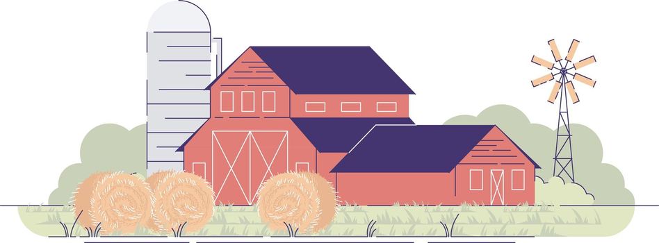 Farm barns with hay bales flat vector illustration. Village farmland, red rural ranch and backyard windmill. Country farmhouse. Countryside wooden buildings isolated cartoon concept with outline