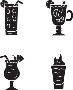 Drinks glyph icons set. Cocktail in highball glass, hot toddy, pina colada, flaming shot. Alcoholic mixes and soft drinks. Beverages. Silhouette symbols. Vector isolated illustration