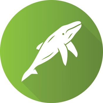 Whale green flat design long shadow glyph icon. Marine mammal. Underwater world inhabitant. Ocean predator. Aquatic animal, wildlife nature. Zoology and oceanography. Vector silhouette illustration