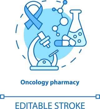 Pharmacy concept icon. Oncology medication research idea thin line illustration. Discovering drugs for cancer. Pharmacology and biochemistry. Vector isolated outline drawing. Editable stroke