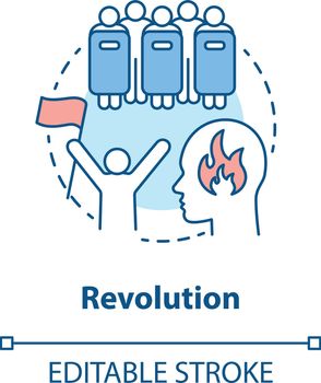 Revolution concept icon. Civil unrest, conflict idea thin line illustration. Revolutionary with flag and riot police with shields vector isolated outline drawing. Political uprising. Editable stroke