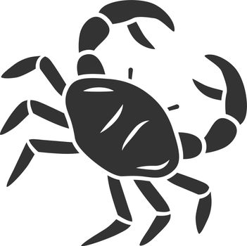 Crab glyph icon. Swimming sea animal with pincers. Zodiac sign. Underwater creature. Ocean aquarium. Seafood restaurant. Delicacy food. Silhouette symbol. Negative space. Vector isolated illustration