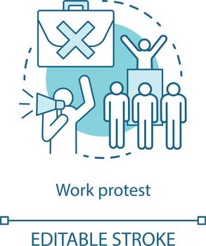 Work protest concept icon. Social demonstration, labor union strike, communism idea thin line illustration. Angry workers, protesters with megaphone vector isolated outline drawing. Editable stroke