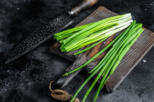Fresh green onions on a cutting board. Black background. Top view