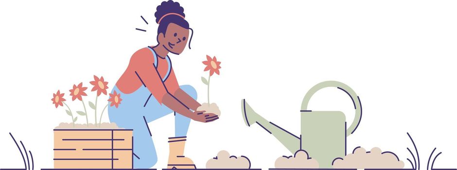 Girl gardening flat vector illustration. African american woman planting flowers with watering can cartoon character. Female farmer cultivating. Plant nursery works isolated concept with outline