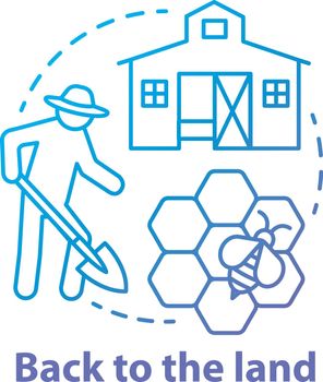 Back to the land blue concept icon. Agrarian movement idea thin line illustration. Living in commune. Farming and beekeeping. Smallholding. Vector isolated outline drawing. Editable stroke