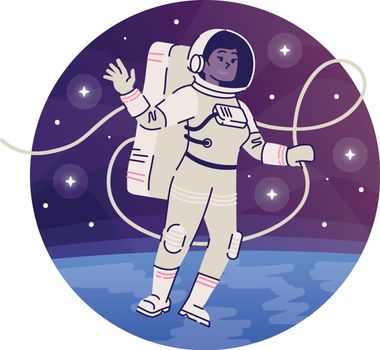 Cosmonaut floating in outer space flat concept icon. Female astronaut in spacesuit exploring cosmos sticker, clipart. Interstellar travel isolated cartoon illustration on white background