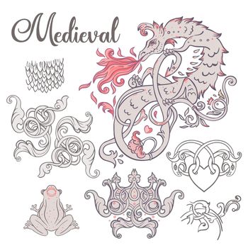 Medieval style elements set. Mythological magic beast Basilisk, legendary bizarre creature. Decorative design. Dragon. Vector illustration.