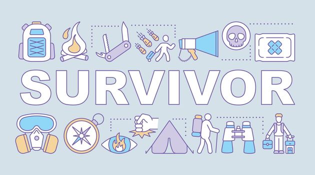 Survivor word concepts banner. Travelling in extreme conditions. Adventurous trekking. Presentation, website. Isolated lettering typography idea with linear icons. Vector outline illustration