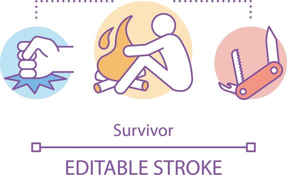 Survivor concept icon. Remaining alive idea thin line illustration. Rest near bonfire. Travelling in extreme conditions. Adventurous traveler. Vector isolated outline drawing. Editable stroke