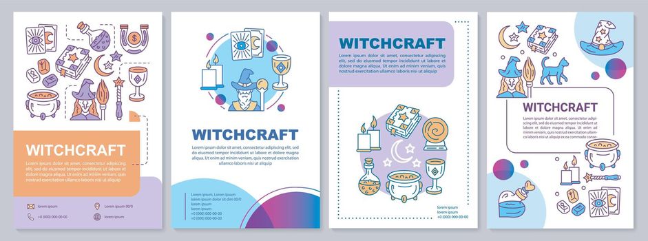 Witchcraft brochure template layout. Alchemy and occultism flyer, booklet, leaflet print design with linear illustrations. Vector page layouts for magazines, annual reports, advertising posters