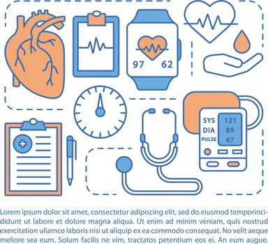 Blood pressure article page vector template. Systolic, diastolic pressure rate. Brochure, magazine, booklet design element, linear icons, text box. Print design. Concept illustrations with text space