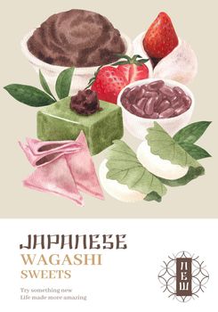 Poster template with wagashi Japanese dessert concept,watercolor style