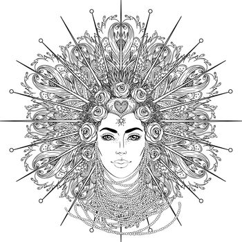 Tribal Fusion Boho Goddess. Beautiful divine diva girl with ornate crown, kokoshnik inspired. Bohemian goddess. Hand drawn elegant illustration. Lotus flower, patterned Indian paisley.