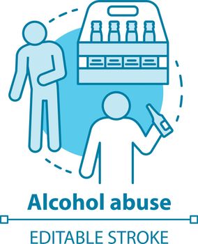 Alcohol abuse concept icon. Alcoholic dependence, addiction idea thin line illustration. Beer alcoholism. Booze and drunkards, drunk men. Vector isolated outline drawing. Editable stroke